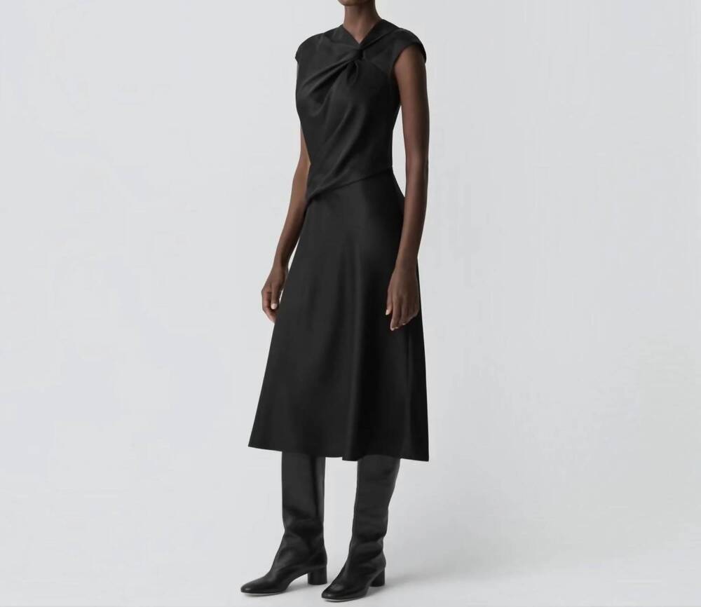 NEW THEORY twist bodice satin midi dress in black